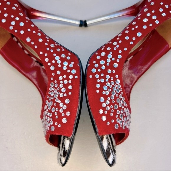 Roberto Botticelli Red Velvet & Rhinestone Heels Zebra Print EU 38 US 7.5 - 8 - Picture 5 of 15